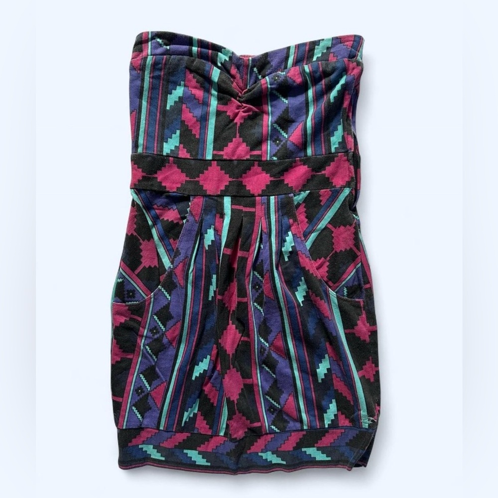 Billabong Strapless Mini Dress Size Medium Geometric Tribal Print Retro 90s 80s